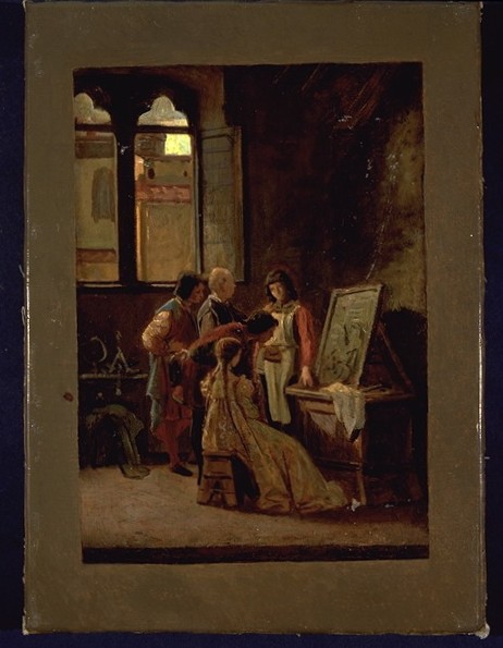 Lorenzo Ghiberti in atto di far vedere il bozzetto che sta modellando, pel concorso delle porte del Battistero di Firenze