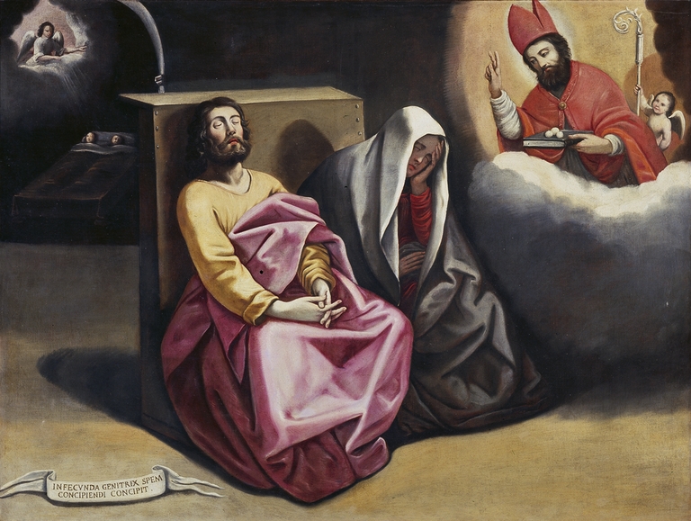 Un angelo e San Nicola da Bari annunciano ai genitori la nascita del figlio Nicola da Tolentino