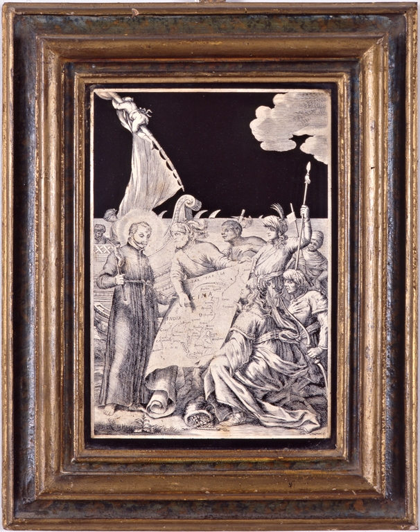 Targa in scagliola con San Francesco Saverio tra gli indiani