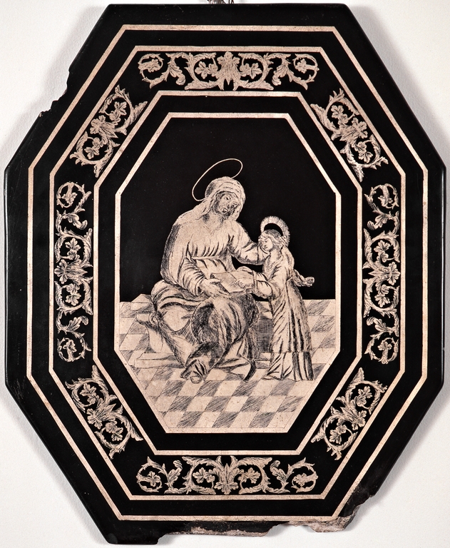 Targa in scagliola con Sant’Anna insegna a leggere a Maria Vergine