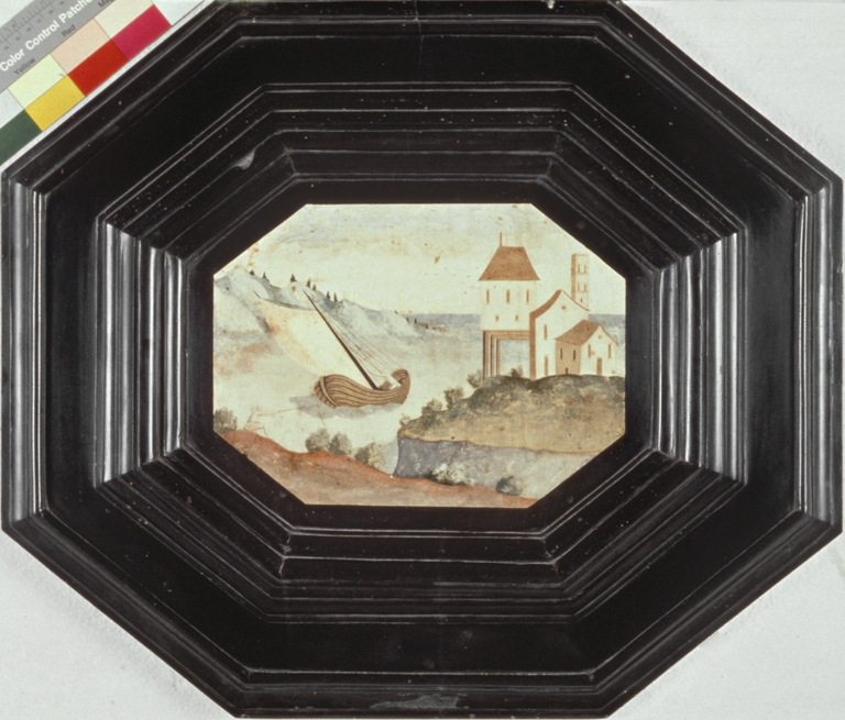 Targa in scagliola con paesaggio marino